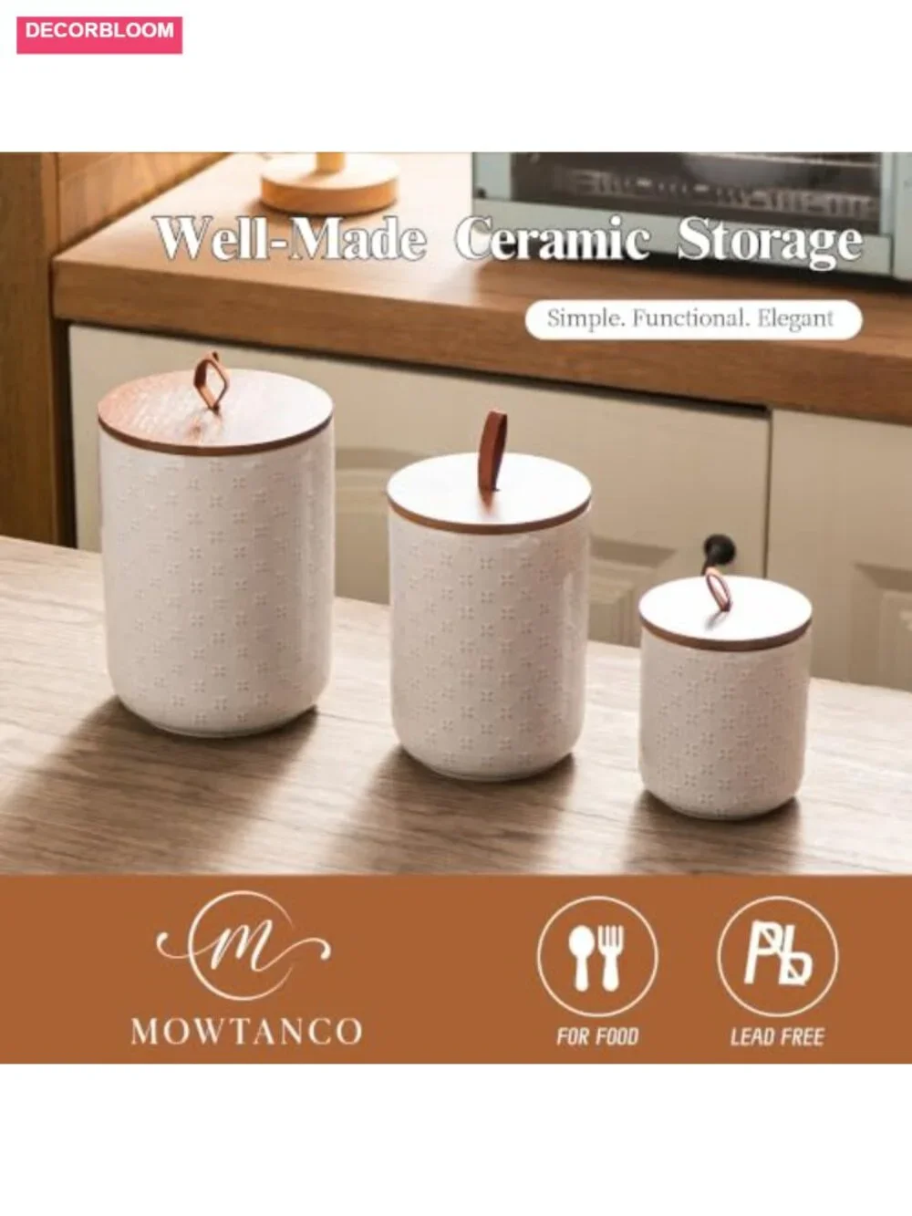 Embossed Ceramic Canister Set with Airtight Bamboo Lids